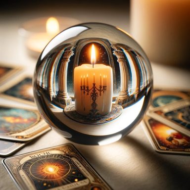 boule de cristal utilisée pour la voyance entourée de bougies et de pierres de protection dans un décor céleste